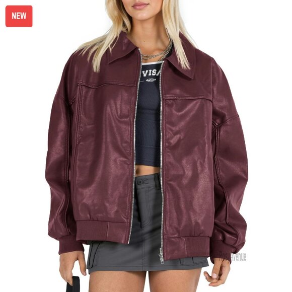 Oversized Faux Leather Bomber Jacket Zip Up Moto Biker Coat
